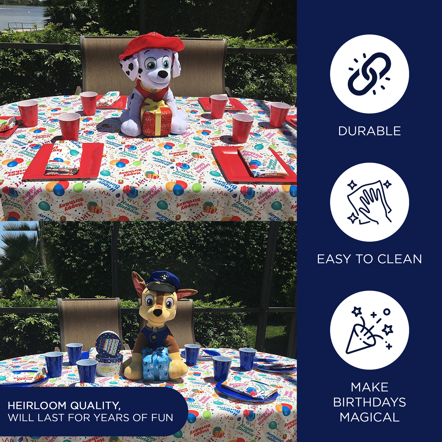 Happy Birthday Tablecloth White Restaurant Quality Polyester Fabric Machine Wash and Dry No Wrinkles No Iron No Stains Made in USA All Sizes