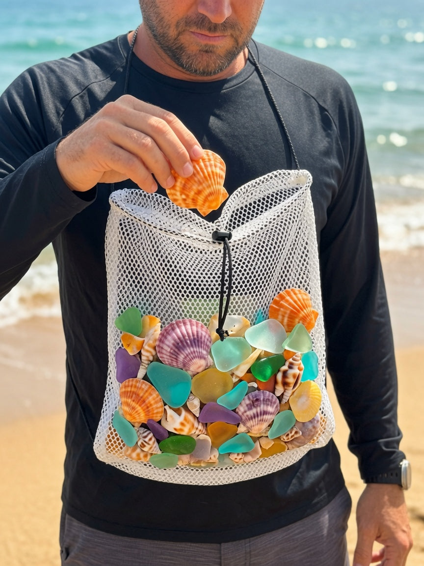 Hands-Free White Mesh String Clamming Scalloping Bag – 16.5" x 13.5" with 30" Adjustable Strap 2 Pack
