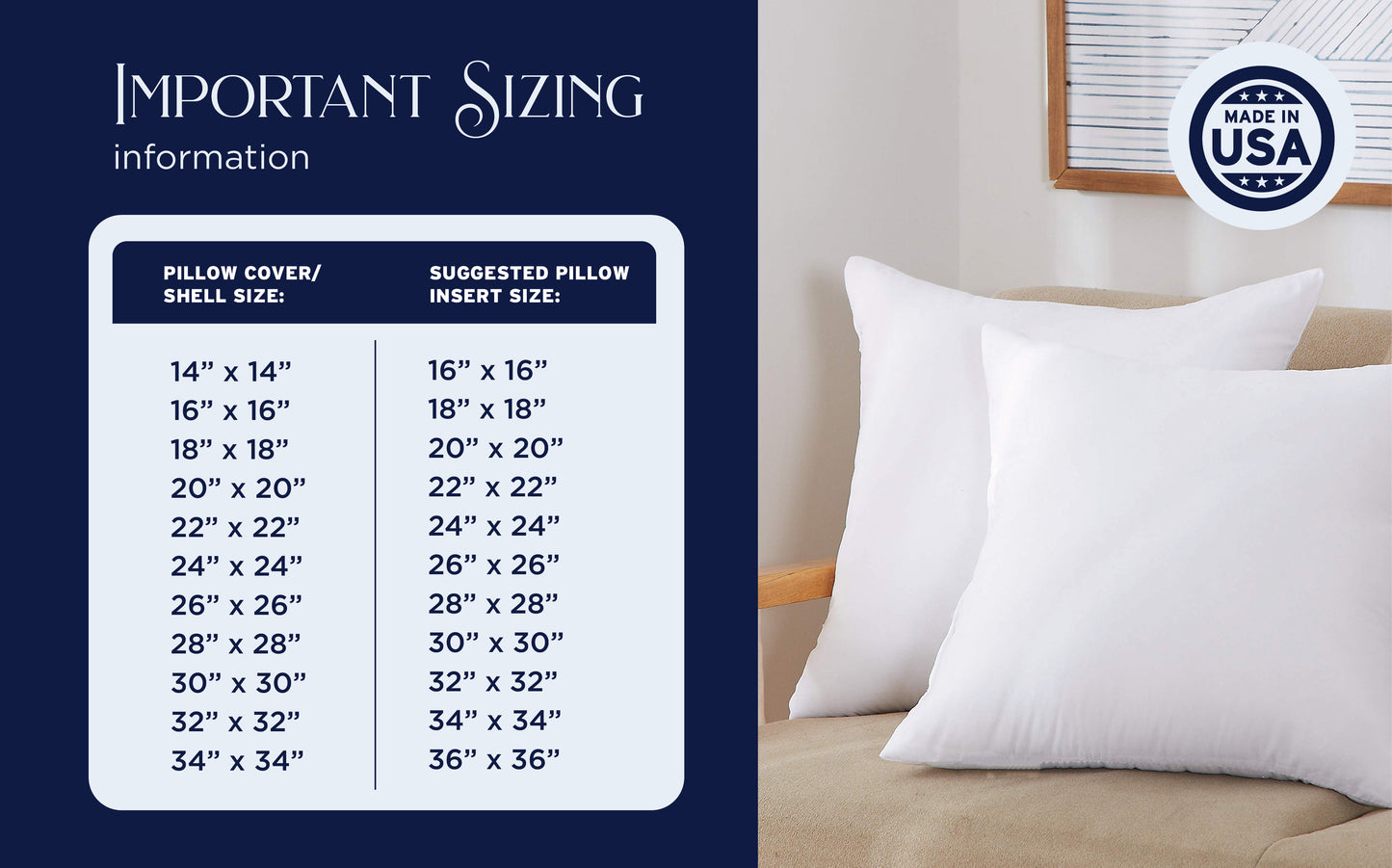 Southern Textiles Made in USA Throw Pillow Inserts, Premium 100% Cotton Sateen, 12",18",20",22",24",26",28"& 30"-2pks