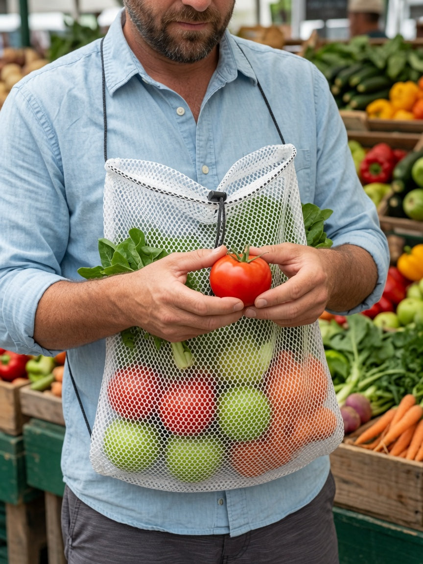 Hands-Free White Mesh String Clamming Scalloping Bag – 16.5" x 13.5" with 30" Adjustable Strap 2 Pack