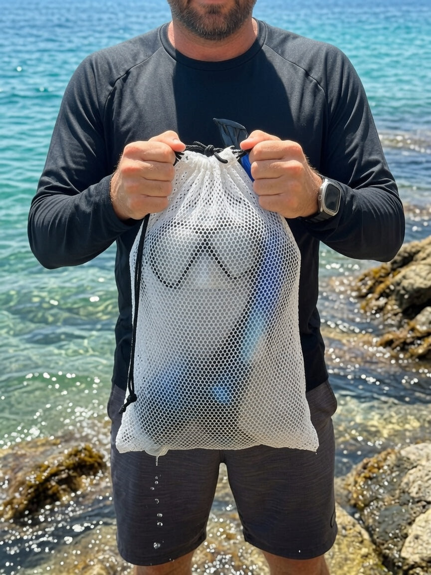 Hands-Free White Mesh String Clamming Scalloping Bag – 16.5" x 13.5" with 30" Adjustable Strap 2 Pack
